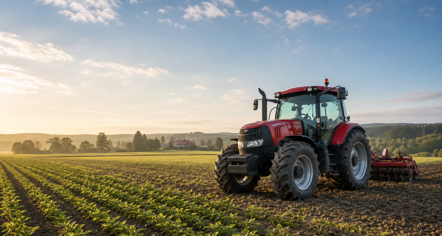 A modern red tractor standing beside crop rows on a farm.